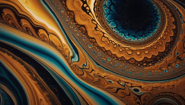 This image showcases an abstract pattern that resembles fluid dynamics. The swirling shapes and curves in shades of blue, gold, and black create a visually striking contrast, giving the image a dramatic and intense mood