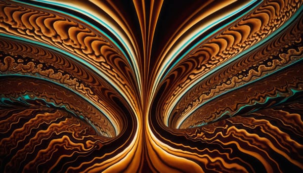 This abstract artwork features a fractal pattern with shades of brown, gold, and turquoise, creating a symmetrical design that captivates the eye with its depth and complexity