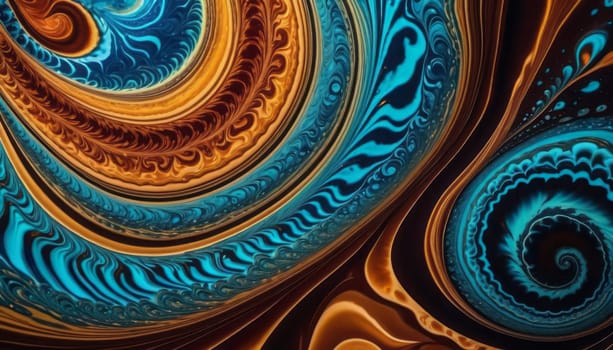 This abstract image features a mesmerizing blend of blue, turquoise, and gold swirls, with a grey square adding a touch of mystery