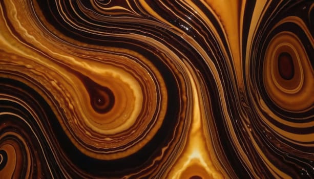 This image showcases an intricate pattern that resembles agate stone. The swirling layers of dark brown, light brown, and golden hues create a warm and rich visual effect. The glossy sheen on the surface enhances the color contrasts and details of the patterns, adding depth and dimension to the artwork. The overall aesthetic is abstract and artistic, making it a truly captivating piece.