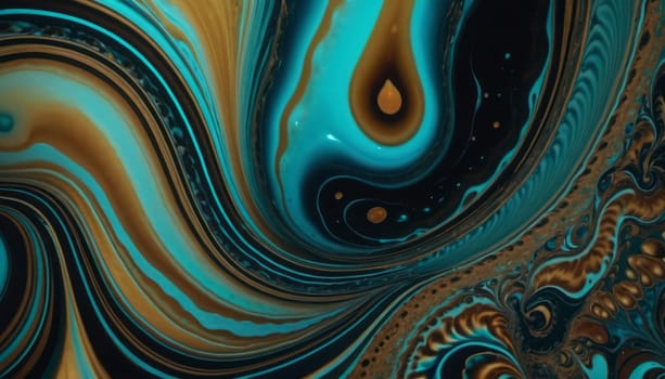 This image showcases a visually striking abstract pattern that resembles fluid dynamics. The swirling and flowing motions in shades of blue, gold, and black create a mesmerizing effect. The droplet-like shapes surrounded by concentric waves add a sense of movement and energy to the artwork. The overall aesthetic is reminiscent of marbled paper or oil on water, making it a captivating piece of abstract art