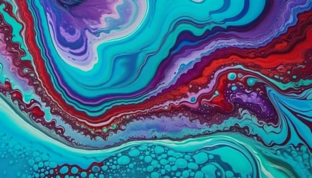 This image showcases a vibrant abstract pattern that resembles a fluid art piece. Dominant colors include shades of blue, purple, red, and teal, creating a visually striking contrast