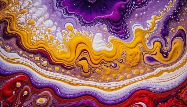 Close-up of a vibrant pattern, with a mix of purple, yellow, white, and red, creating a captivating fluid art effect