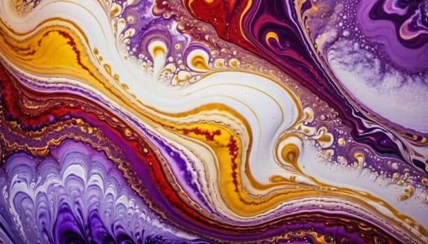 A close-up view of a vibrant, colorful pattern with fluid-like swirls in shades of purple, white, yellow, and red