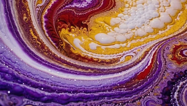 An abstract display of swirling colors, featuring a vibrant mix of purple, yellow, red, and white, creating a visually stimulating effect