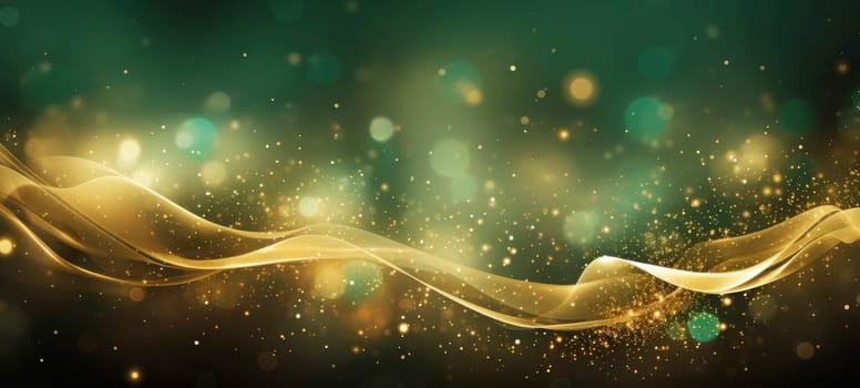 Waves of golden sparkles, shiny glitter bokeh lights on green background. Abstract festive background for card, flyer, invitation, placard, voucher, banner