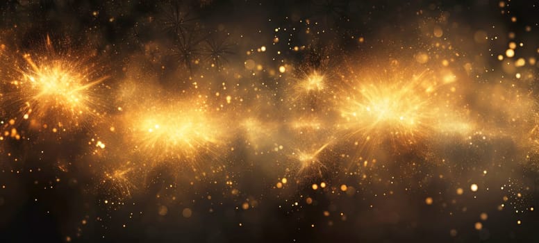 Abstract background with golden fireworks, sparkles, shiny bokeh glitter lights. Festive gold background for card, flyer, invitation, placard, voucher, banner