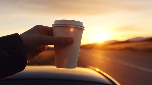 a mans hand with a paper coffee cup, raised above the car of a car standing on the road, at sunset.