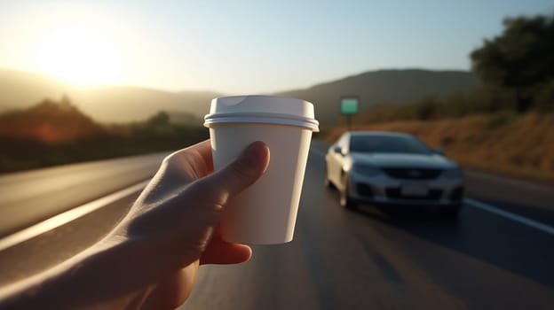 An outstretched hand with a white paper coffee cup on the background of a road with a driving car in nature.