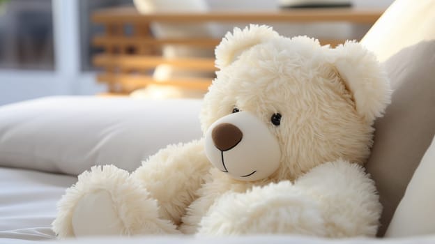 Close up of cute white teddy bear, lie in white bed, at daylight.