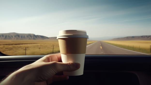 a hand with a paper coffee cup by the window in a car driving in nature, among the summer hills and montains
