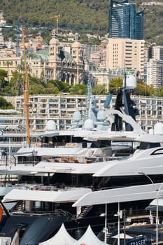 Monaco, Monte Carlo, 28 September 2022 - a lot of luxury yachts at the famous motorboat exhibition in the principality, the most expensive boats for the richest people around the world, yacht brokers. High quality photo