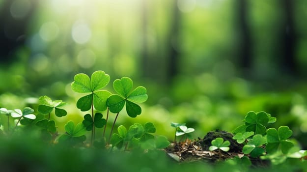 Lucky clover leaves for St. Patrick's Day. Banner with Irish clover leaves. High quality photo