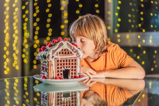 Immerse in festive delight as a boy crafts boy crafting an unconventional gingerbread house, infusing Christmas with unique creativity and festive cheer. A sweet scene of seasonal bonding and culinary fun.