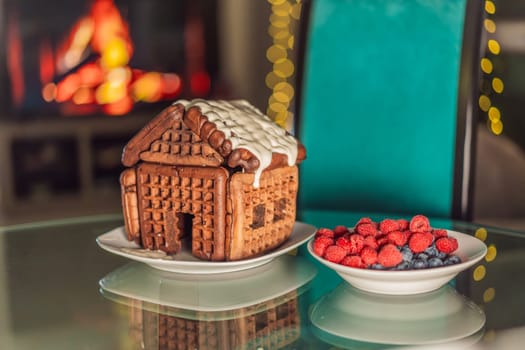 magic of an unusual gingerbread house amid festive Christmas lights. A whimsical scene capturing holiday enchantment and creative culinary delight.