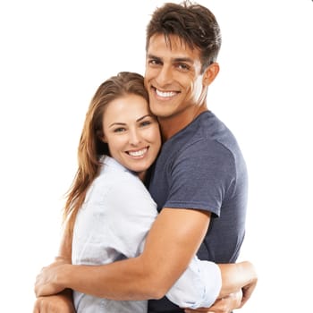 Happy couple, portrait and hug in embrace for care, love or compassion against a white studio background. Handsome man and young woman smile for romance, affection or relationship together on mockup.