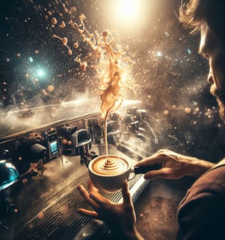 make latte art golden cappuccino at bar expert barista splashing cream fantasy illustration render art generated