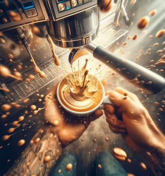 make latte art golden cappuccino at bar expert barista splashing cream fantasy illustration render art generated