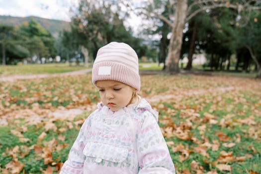 Little girl stands on the lawn among fallen leaves and looks down. High quality photo