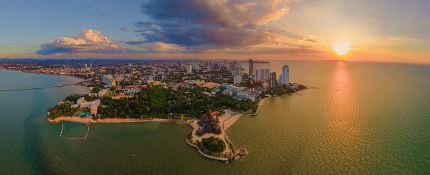 The Sanctuary of Truth wooden temple in Pattaya Thailand at sunset, a gigantic wooden construction located at the cape of Naklua Pattaya City Chonburi Thailand