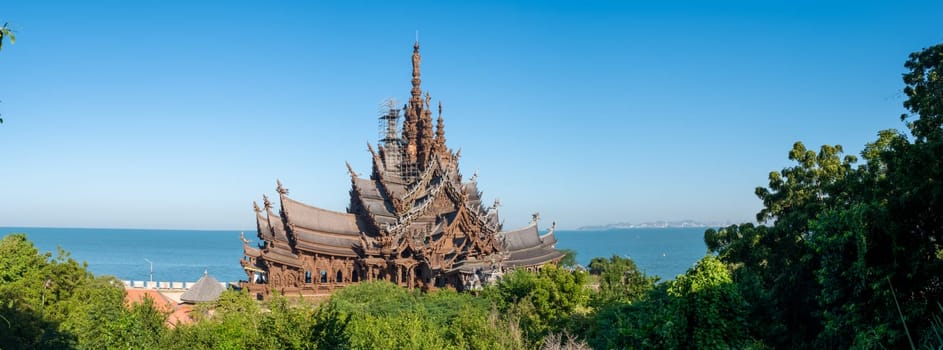The Sanctuary of Truth wooden temple in Pattaya Thailand is a gigantic wooden construction located at the cape of Naklua Pattaya City Chonburi Thailand