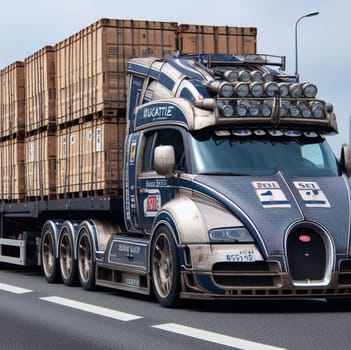 a semi truck design custom conversion supercar speed in motorway with cargo trailer ai generated