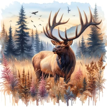 Watercolor painting of a Deer against the backdrop of the Canadian mountains. High quality