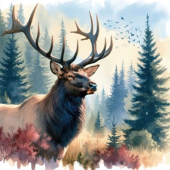 Watercolor painting of a Deer against the backdrop of the Canadian mountains. High quality