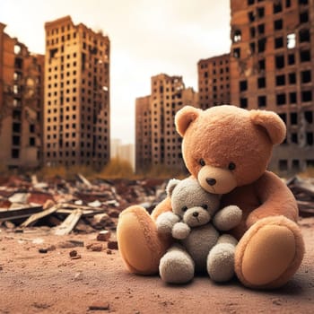 Teddy bear against the backdrop of city ruins. Generative AI. High quality photo