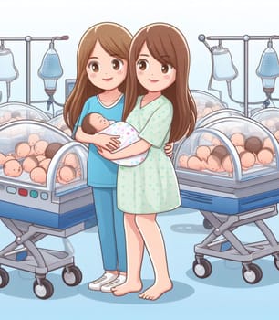 illustration depicting medical staff people at the hospital take care of newborn baby ai generated