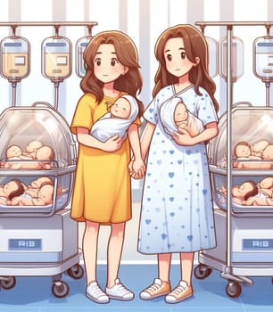 illustration depicting medical staff people at the hospital take care of newborn baby ai generated