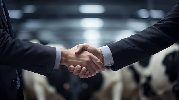 Handshake of two men in suits against the background of a hangar stall with cows.