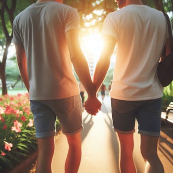 LGBT men holding hands, rear view. High quality Generative AI