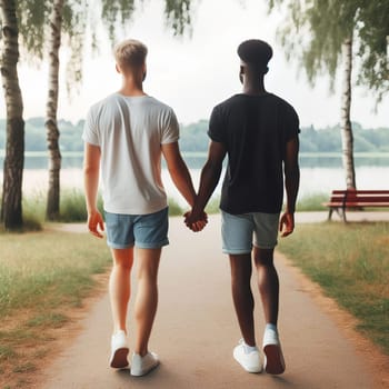 LGBT men holding hands, rear view. High quality Generative AI