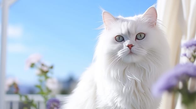 A white cat is sitting on the windowsill surrounded by blue and purple flowers. Blue sky on the background of the window