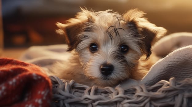 Cute brown terrier puppy lying on a knitted blanket, warm light.