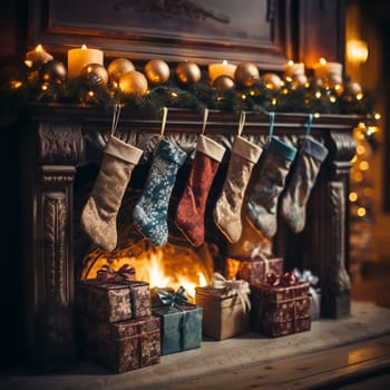 Christmas Socks With Gifts Near Fireplace In Festive Decorated Living Room. High quality photo