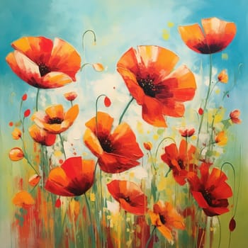 Red poppies. Oil Paint Drawing. High quality photo