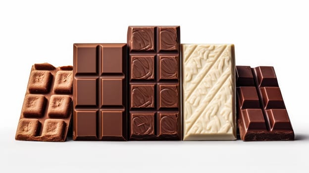 Decadent delight, An array of white, milk, and dark chocolate bars, elegantly presented on a white isolated background
