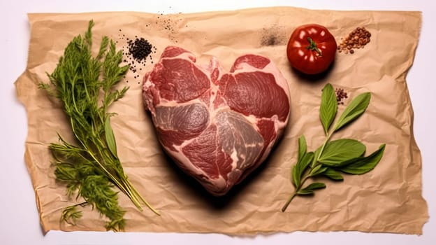 Heartfelt flavor, Heart shaped beef steaks on parchment, a romantic culinary touch on a white isolated background. Ideal for creative stock photos.