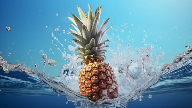 Fresh pineapple fall in blue water, with splashes and air bubbles. Close up