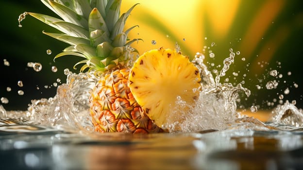 Beautiful fresh pineapple and slice fall in blue water, with splashes