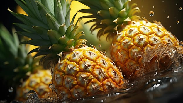 fresh pineapples in water, with splashes, black background.