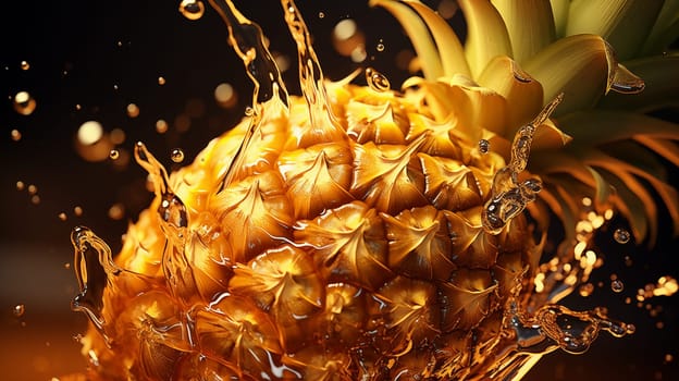 Close up of fresh fruit pineapple in yellow juice, with splashes.