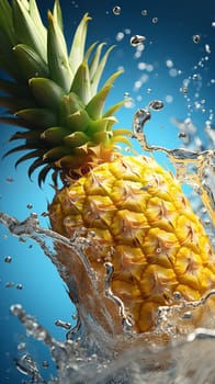 Close up pineapple falls under blue water, with splashes and air bubbles. Vertical