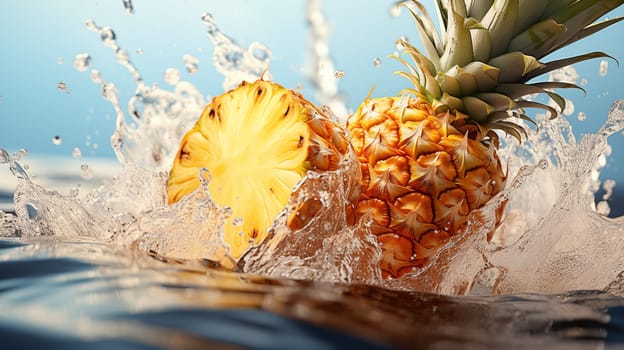 Beautiful fresh pineapple fall in blue water, with splashes and air bubbles. Close up
