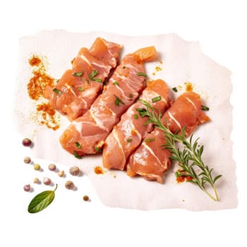 Savor the anticipation, Raw pork slices on skewers, expertly seasoned and ready for culinary mastery. White isolated background for a striking visual appeal