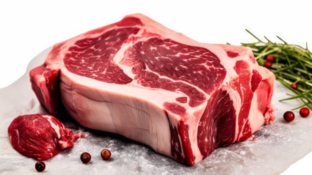 Hearty indulgence, Beef steak with bone, expertly captured on parchment, presented on a white isolated background. A culinary delight in every detail.