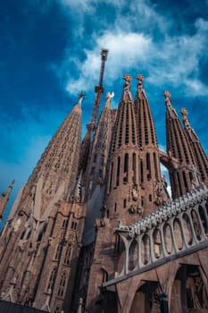 Sagrada Familia basilica in Barcelona concept photo. The Antoni Gaudi masterpiece. Beautiful urban scenery photography, street scene. High quality picture for wallpaper, article