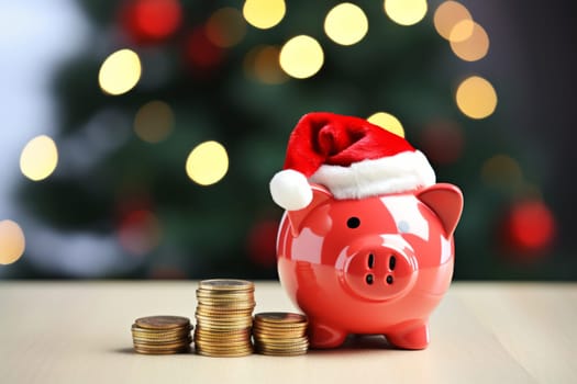 Photo of red piggy bank with Santa hat and coins on the table on Christmas background